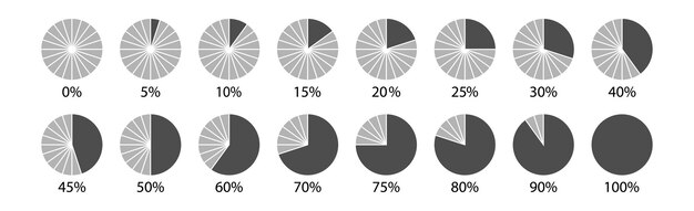 Raccolte di diagrammi percentuali del cerchio per infografica, 0, 5, 10, 15, 20, 25, 30, 35, 40, 45, 50, 55, 60, 65, 70, 75, 80, 85, 90, 95, 100. Vector illustrazione.