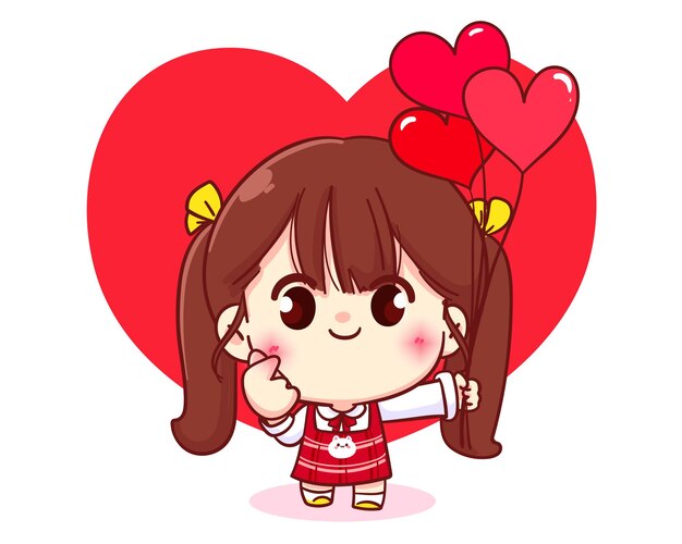 Ragazza carina che fa un cuore con le sue mani, buon San Valentino, illustrazione del personaggio dei cartoni animati