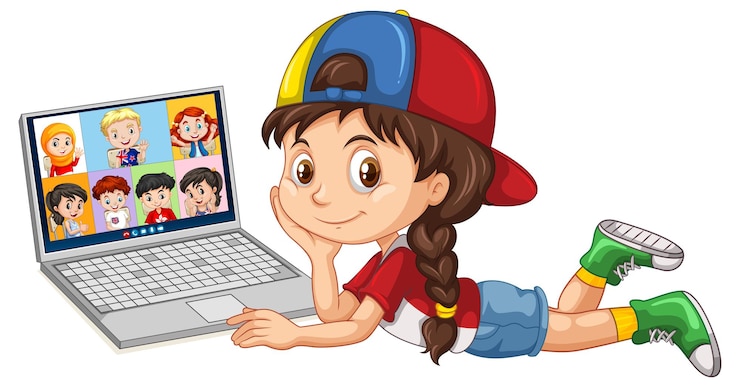 Vettore gratuito ragazza carina che pone sul pavimento con il computer portatile