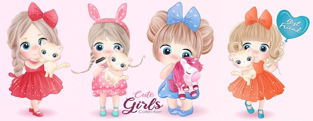 Ragazza carina doodle abbracciando animale con illustrazione ad acquerello