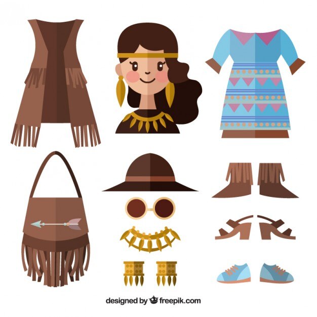 Ragazza carina e boho accessori in stile piatto