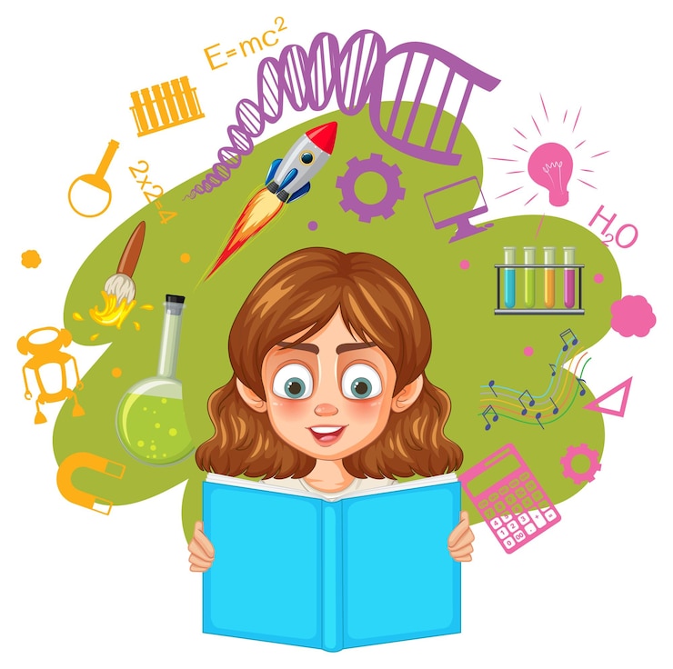 Vettore gratuito ragazza che legge un libro di scienze