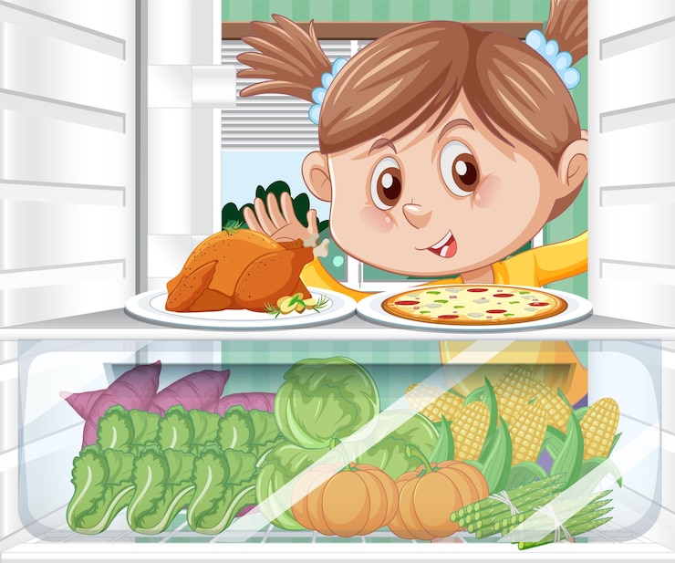 Vettore gratuito ragazza che osserva gli alimenti in frigorifero
