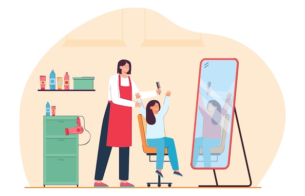 Ragazza che si guarda allo specchio dopo aver ottenuto il taglio di capelli nel parrucchiere. Parrucchiere per bambini con pettine in piedi dietro l'illustrazione vettoriale piatta del bambino. Concetto di bellezza per banner, design di siti Web o pagina di destinazione