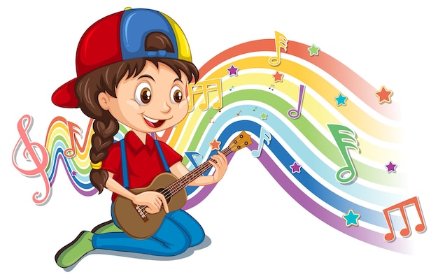 Ragazza che suona la chitarra con i simboli della melodia sull'onda arcobaleno