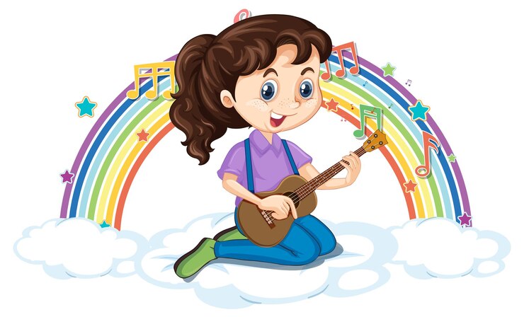 Vettore gratuito ragazza che suona la chitarra sulla nuvola con arcobaleno