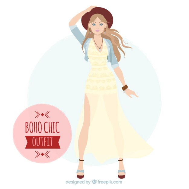 Vettore gratuito ragazza con un lungo abito elegante e cappello boho