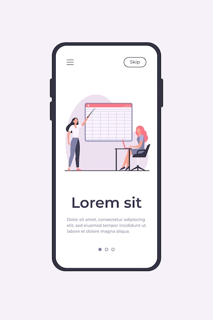 Ragazza del college che dà rapporto all'insegnante. Trainer che spiega compito all'illustrazione piana di vettore dello studente adulto. Istruzione, concetto di apprendimento a distanza online per banner, progettazione di siti Web o pagina web di destinazione