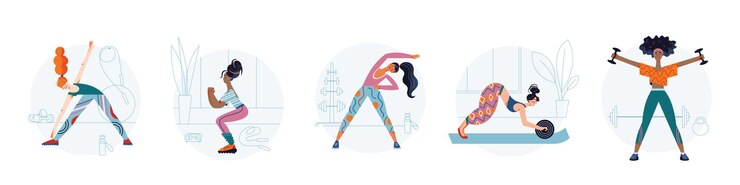 Vettore gratuito ragazza di allenamento in palestra sportiva donna sportiva attiva in abbigliamento sportivo che allunga il corpo facendo yoga ed esercizi fisici con manubri concetto di stile di vita di allenamento fitness