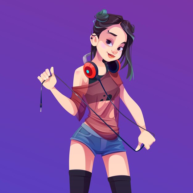 Ragazza dj che suona musica alla festa, in discoteca o in discoteca. Giovane donna asiatica in pantaloncini con piercing sul viso.