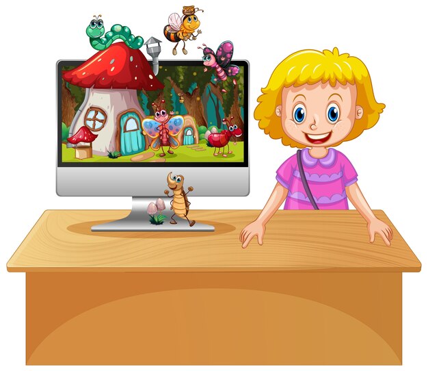 Ragazza felice accanto al computer con insetto in sfondo del desktop terra magica