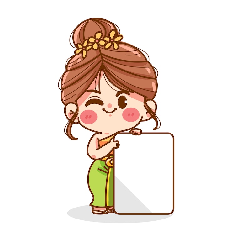 Vettore gratuito ragazza in abito thailandese in piedi accanto a un cartello bianco vuoto disegnato a mano illustrazione vettoriale di cartoni animati