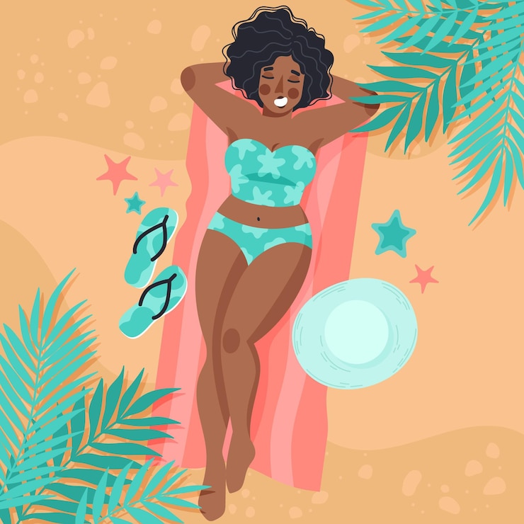 Vettore gratuito ragazza in bikini sulla spiaggia illustrazione