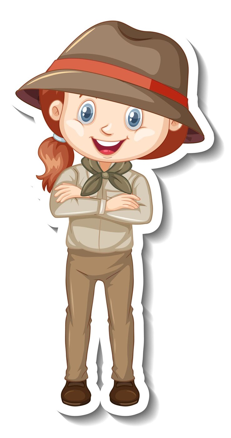 Vettore gratuito ragazza in costume da safari adesivo personaggio dei cartoni animati