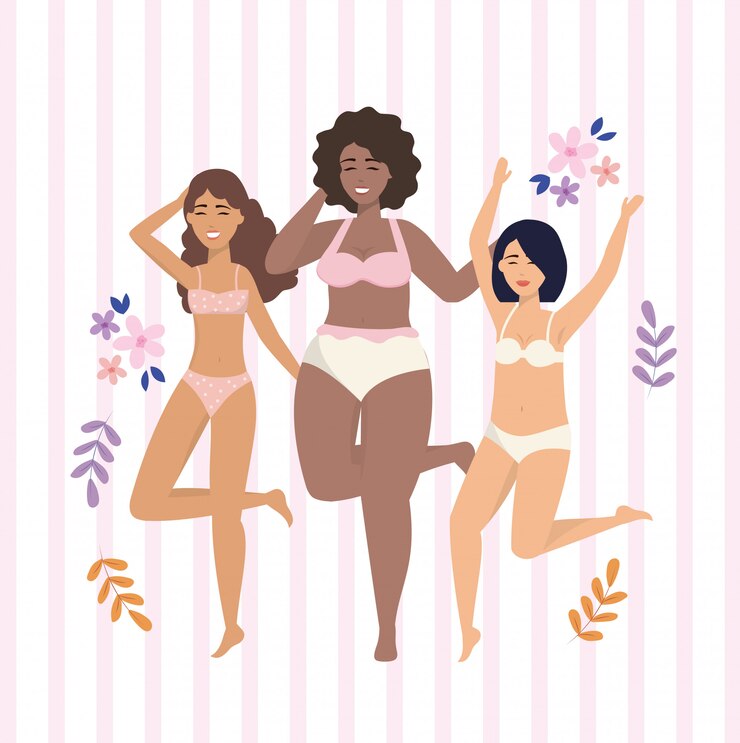 Vettore gratuito ragazze felici che indossano biancheria intima con fiori e piante