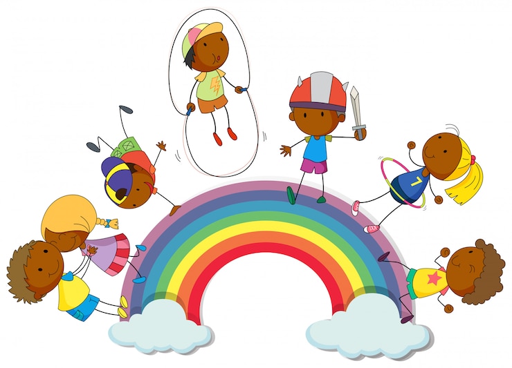 Vettore gratuito ragazzi e ragazze sull&#39;arcobaleno