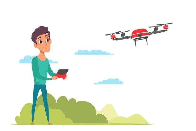 Ragazzo con occhiali digitali che prova drone quadricottero Veicolo aereo senza pilota remoto con telecamera adolescente che tiene radiocomando