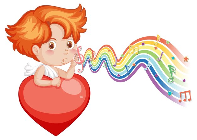 Ragazzo Cupido che tiene il cuore con i simboli della melodia sull'onda arcobaleno