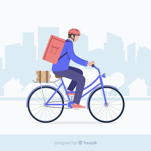Ragazzo di consegna piatto sulla priorità bassa della bici
