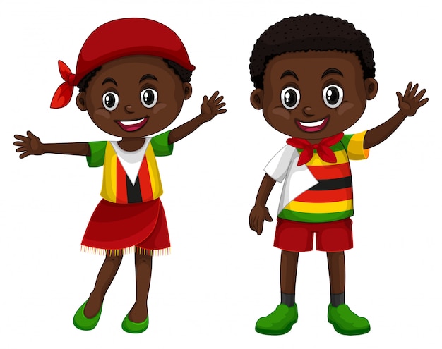 Ragazzo e ragazza dello Zimbabwe in costume di colore della bandiera