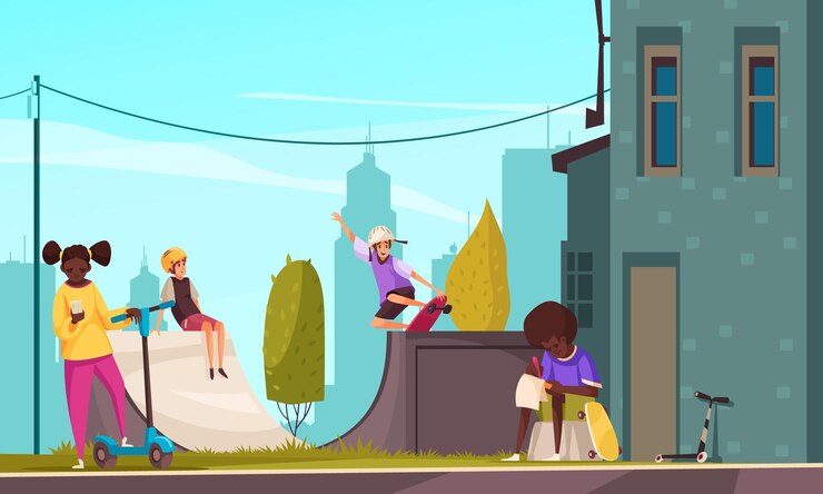 Vettore gratuito ragazzo e ragazza neri che trascorrono del tempo all'aperto con gli adolescenti che fanno skateboard sulla rampa sul fumetto del fondo di paesaggio urbano