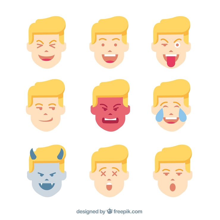 Vettore gratuito ragazzo emoji pacchetto con i fronti divertenti