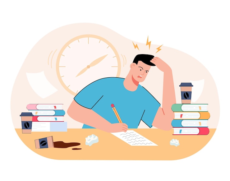 Vettore gratuito ragazzo millenario stressato che studia prima degli esami universitari. scadenza della riunione dello studente in difficoltà che fa il compito preparandosi per il test a casa con i libri. illustrazione piatta