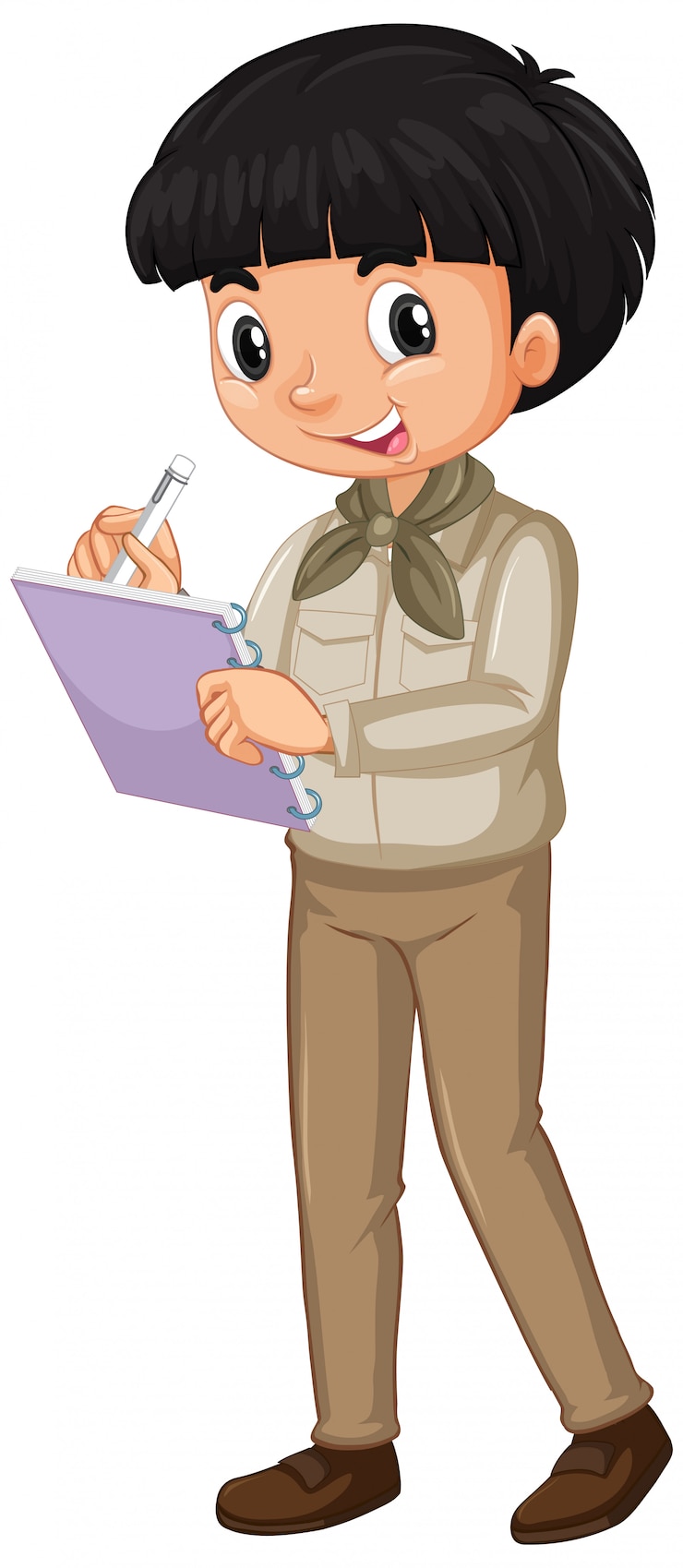 Vettore gratuito ragazzo nelle note di scrittura dell'uniforme di safari isolate