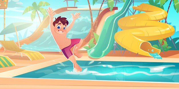 Ragazzo salto in piscina nel parco acquatico con scivoli d'acqua, lettini e ombrelloni. Paesaggio tropicale del fumetto vettoriale con palme, parco acquatico resort e bambino felice che salta in acqua