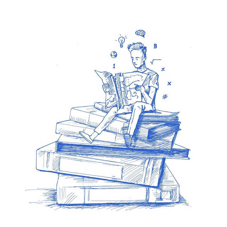 Vettore gratuito ragazzo seduto su una pila di cartelle con libri di lettura illustrazione vettoriale di schizzo disegnato a mano