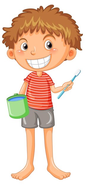 Ragazzo sorridente dopo aver lavato i denti tenendo tazza e spazzolino da denti