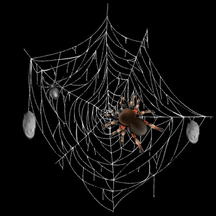 Vettore gratuito ragni velenosi sul merletto di web con prede cacciati e avvolti 3d realistica vettoriale isolato su ba nero