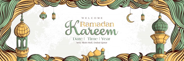 Ramadan Kareem con l'ornamento islamico disegnato a mano dell'illustrazione sul fondo bianco di lerciume