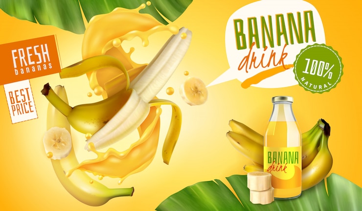 Vettore gratuito realistici annunci di confezionamento di succo di banana con bolle di pensiero e testo modificabile con frutta e foglie