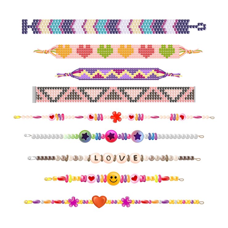 Vettore gratuito realistici braccialetti di amicizia hippie con immagini isolate di corde colorate di perle d'amore con vari ornamenti illustrazione vettoriale