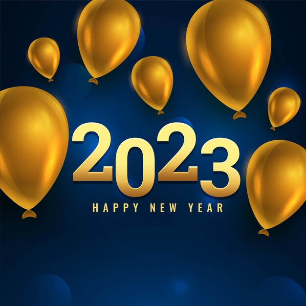 Realistico banner di auguri per il nuovo anno 2023 con palloncino dorato