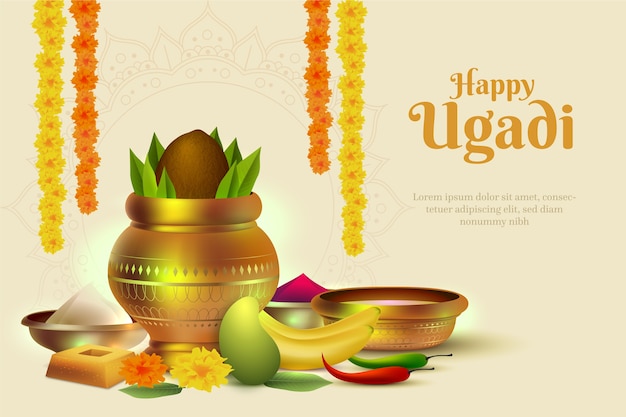 Realistico banner ugadi con frutta e offerte