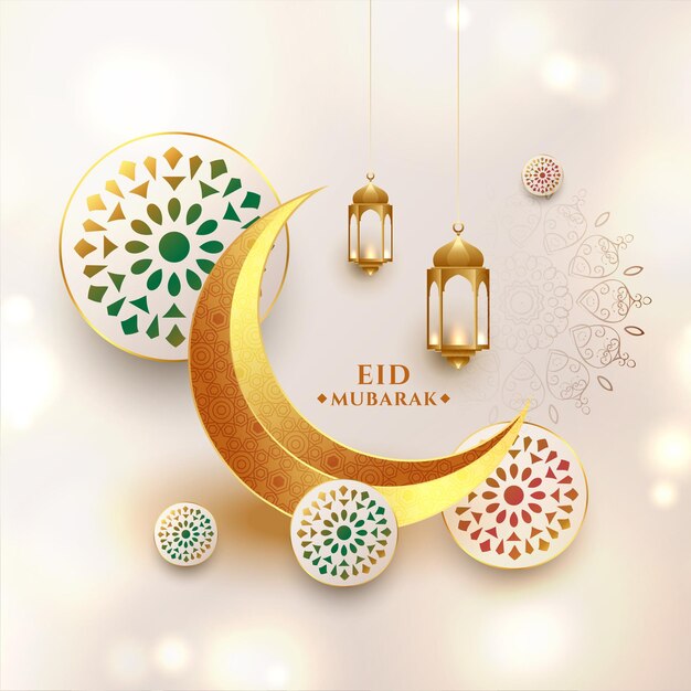 Realistico eid mubarak desidera carta con falce di luna