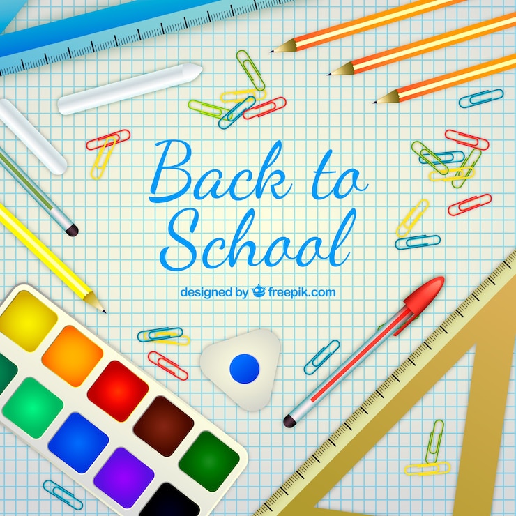Vettore gratuito realistico indietro a oggetti scolastici su carta