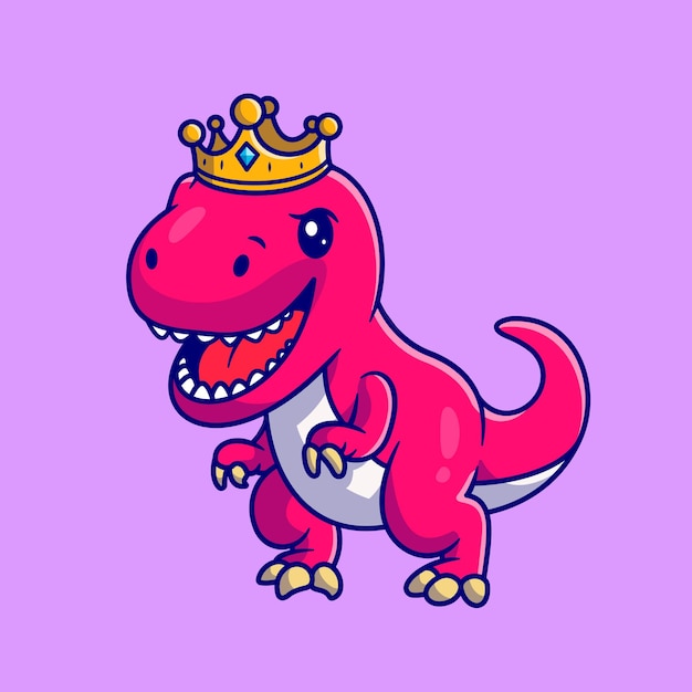 Regina di dinosauro carino con corona. Stile cartone animato piatto