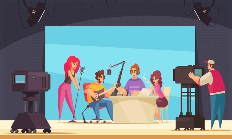 Vettore gratuito registrazione radiofonica con spettacolo dal vivo e illustrazione piatta musicale