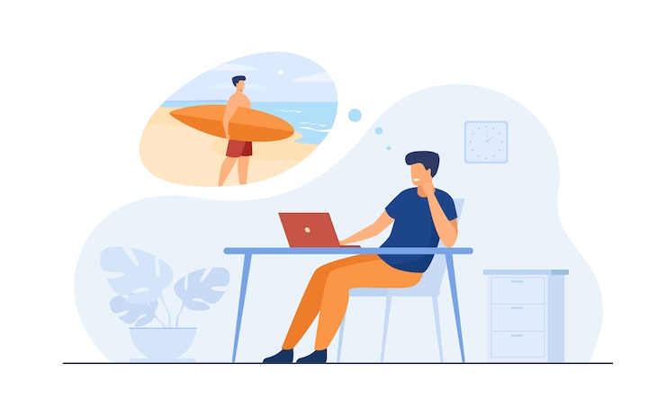 Vettore gratuito responsabile dell'ufficio che sogna la vacanza in mare