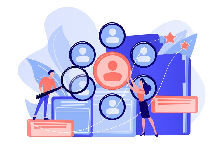 Vettore gratuito responsabili delle risorse umane che fanno ricerca personale professionale con lente d'ingrandimento. risorse umane, lavoro di squadra delle risorse umane e illustrazione del concetto di servizio di cacciatore di teste
