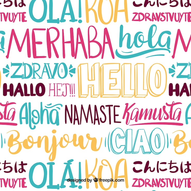 Vettore gratuito reticolo disegnato a mano con ciao parola in diverse lingue