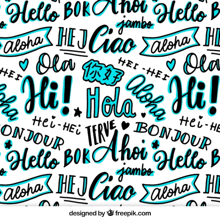 Vettore gratuito reticolo disegnato a mano con ciao parola in diverse lingue