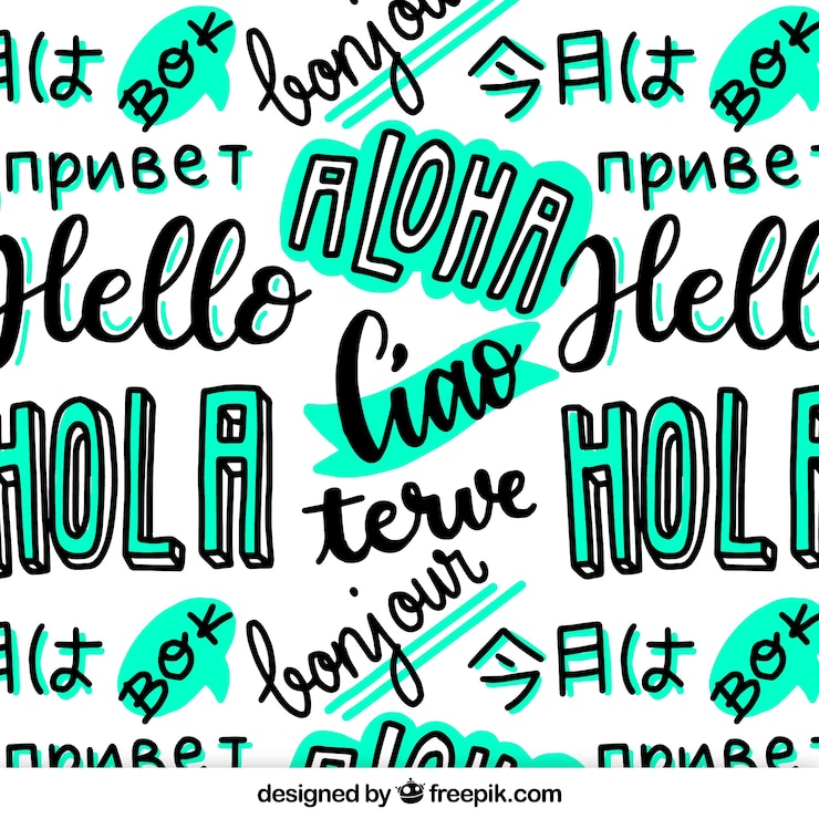 Vettore gratuito reticolo disegnato a mano con ciao parola in diverse lingue