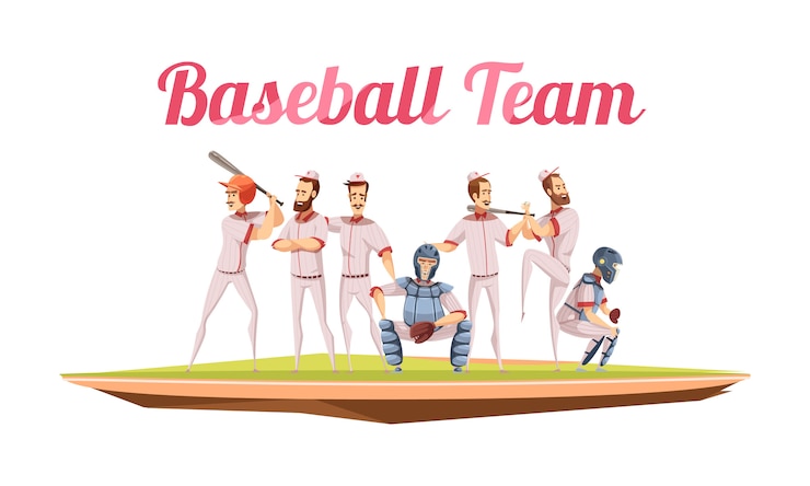 Vettore gratuito retro composizione della squadra di baseball con gli atleti in uniforme ed i caschi che tengono le mazze da baseball pianamente fumetto