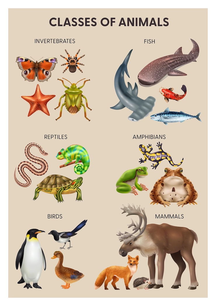 Vettore gratuito rettili realistici anfibi infografica invertebrati rettili uccelli mammiferi anfibi e pesci descrizioni illustrazione vettoriale