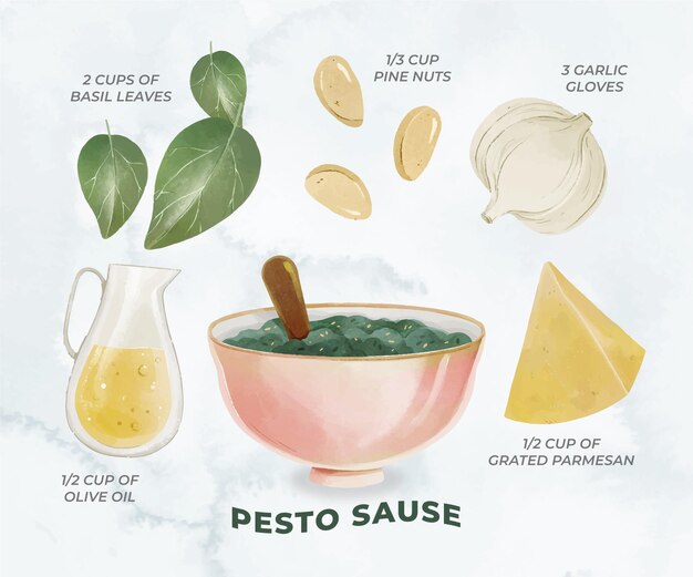 Ricetta di salsa al pesto vegetariana disegnata a mano