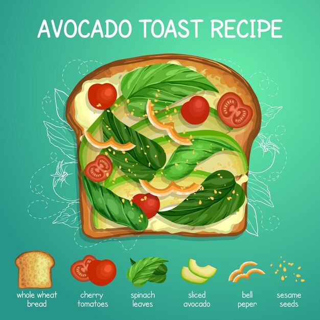 Ricetta toast di avocado illustrato